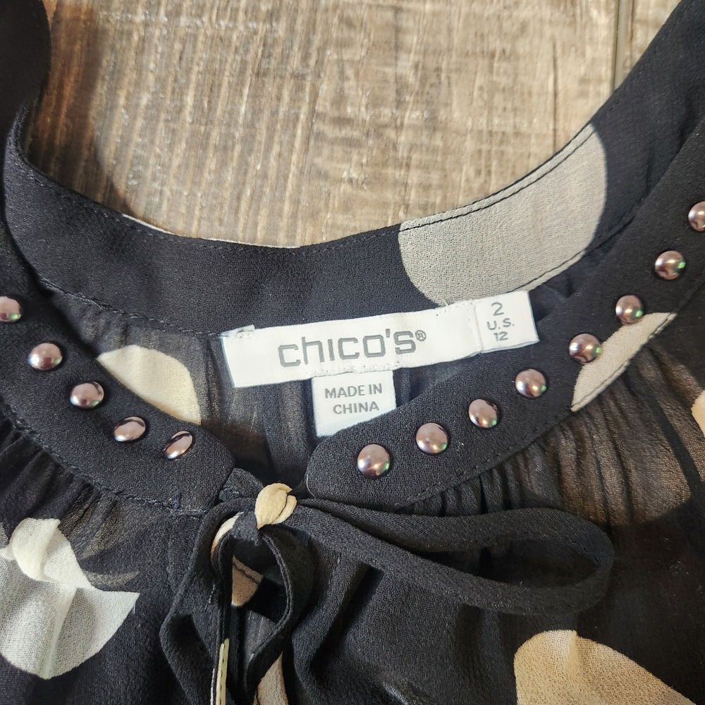 Chico's Polka Dot Womens 2 US 12 Black Cream Excellent Studded Chiffon Top - Picture 5 of 8